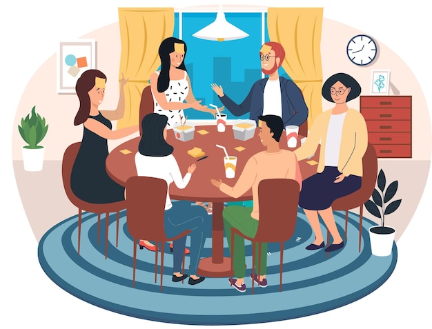 Group of people is playing table game and eats Young characters communicate and spend time together Friends are eating and playing in apartment Male character guesses his role in board game