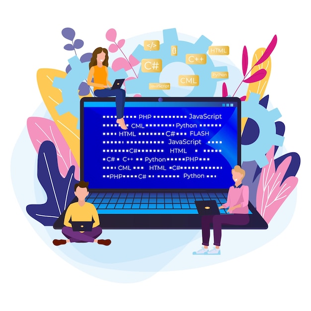 group of programmers is working men and women code a project on a large monitor with program code trendy concept in flat style