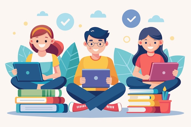 group of students seated on stack of books using laptops for research and studying in a cozy setting happy students reading books with laptops simple and minimalist flat vector illustration
