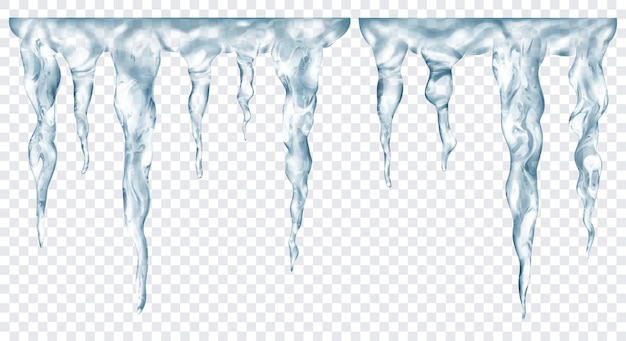 Group of translucent gray realistic icicles of different lengths, connected at the top, isolated on transparent background. Transparency only in vector format