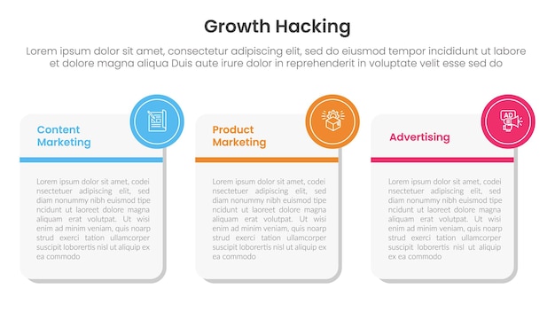 growth hacking infographic 3 point with big round square box for slide presentation