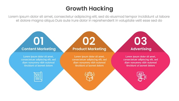 growth hacking infographic 3 point with round diamond on horizontal direction for slide presentation