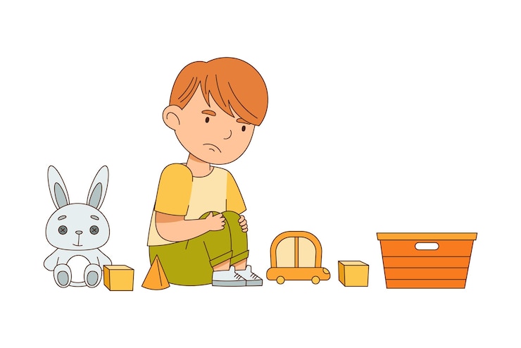 Vektör grumpy boy sitting on the floor with toys and grizzling vector illustration
