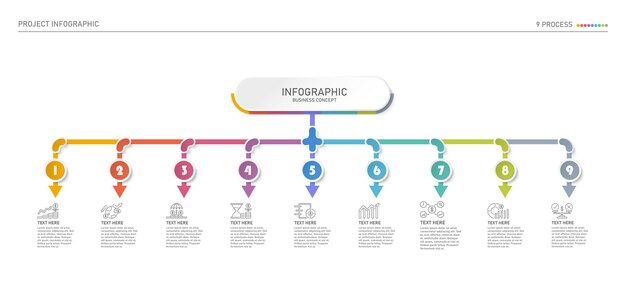 Grundlæggende infografik skabelon med 9-trinsproces eller valgmuligheder