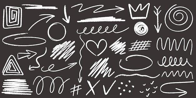 Grunge chalk hand drawn elements set simple pencil doodle on chalkboard school board arrow spiral