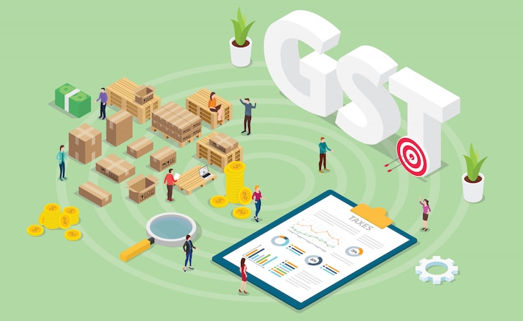 Vektör gst goods services tax concept with team people and finance graph chart with modern isometric style