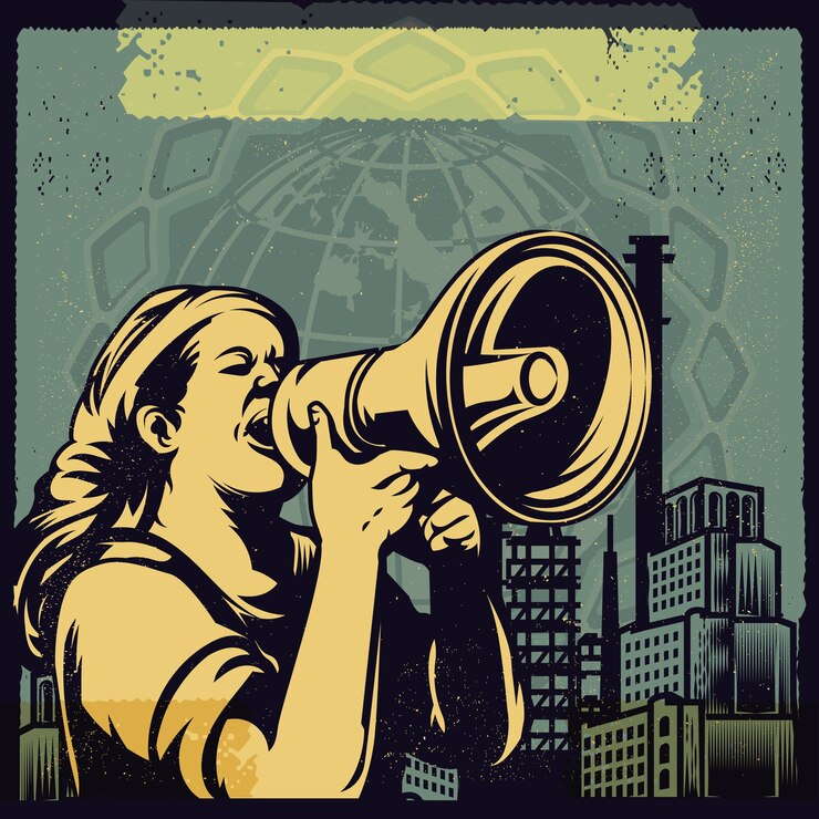 Vektör güce karşı feminist bir sesin eski propaganda posteri ve öğeleri.