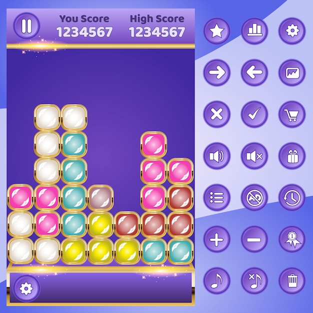 Gui game match block puzzle and buttons set.