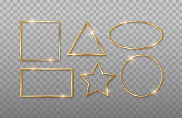 Guld realistiske 3d geometriske former. Rektangel, firkant, oval, cirkel, stjerne. Forskellige formrammer