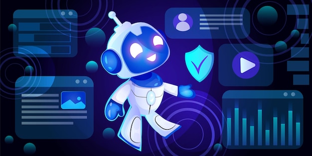 Gülümseyen bir robot karakter, koyu mavi bir arka plan üzerinde dijital simgeler ve arayüzler arasında; teknoloji ve AI vektör illüstrasyonu konsepti