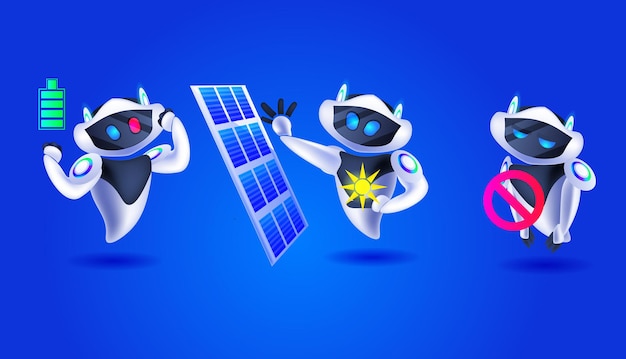 güneş panelli şirin robotlar modern robotik karakterler ekibi yapay zeka teknolojisi konsepti yatay vektör çizimi