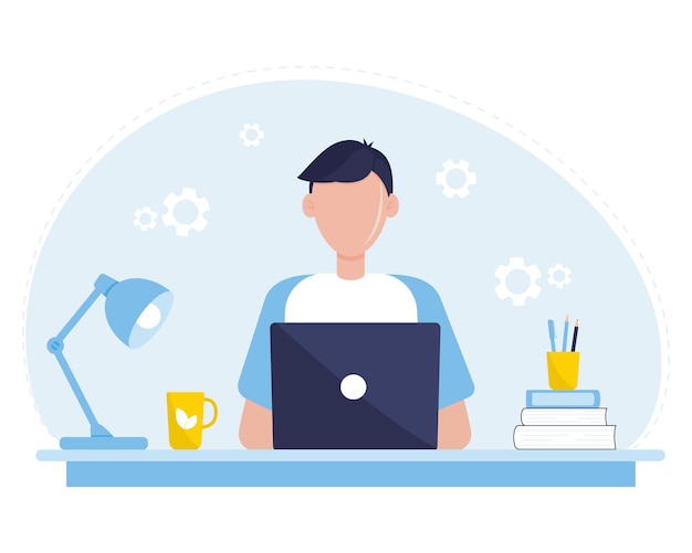 Guy is a student sitting at a laptop Learning online School supplies on the table