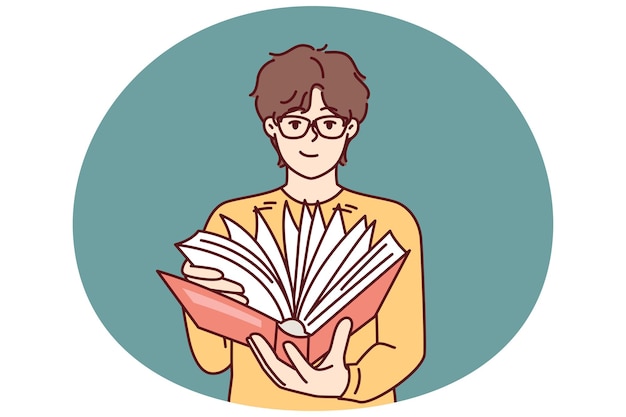 Guy student leafing through book in search information for preparation of essay given by teacher