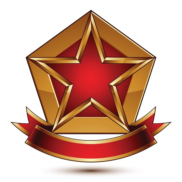 Gyldent vektor stiliseret symbol med rød stjerne og glamourøst bølget bånd, Clear EPS 8 insignier, isoleret på hvid baggrund. Symbolsk skabelon, bedst til brug i web- og grafisk design. Herligt objekt med