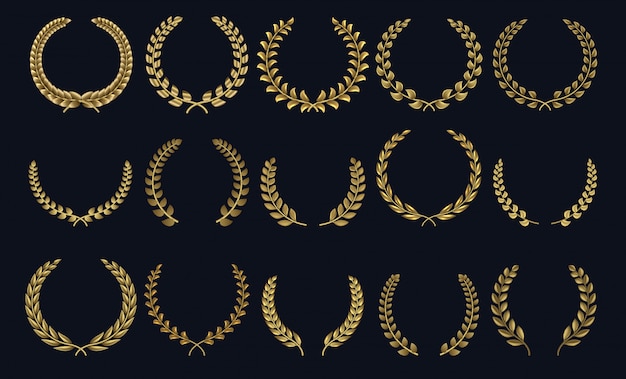 Gyllene lagerkrans. Realistisk krona, bladformer vinnarpris, 3D-emblem för blad. grekiska romerska lagerbärssiluetter och olivkransar hedrar prestationer