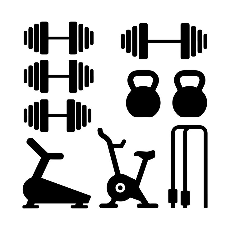 Vektör gym equipment icons set with dumbbells kettlebells treadmill and bike
