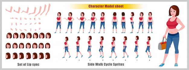 Gym Girl Character model sheet with walk cycle animations and lip syncing
