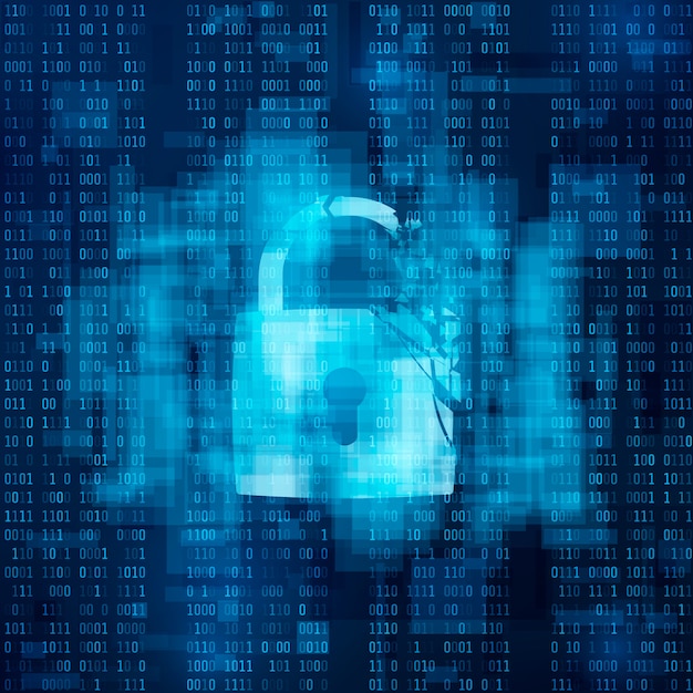 hacked firewall concept. broken security system, cybercrime.   broken lock on matrix background