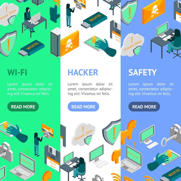 Hacker Attack Concept Banner Vecrtical Set 3d Isometric View Vector