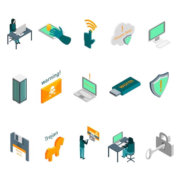 Hacker Attack Concept Icon Set 3d Isometric View Vector