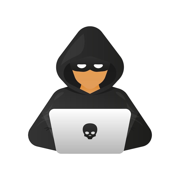 Hacker Cyber criminal with laptop stealing user personal data Hacker attack and web security Internet phishing Cyber security concept Vector illustration
