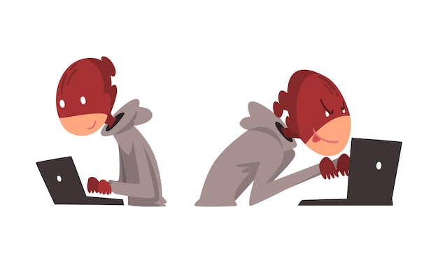 hacker in hoody and mask stealing money using laptop vector set