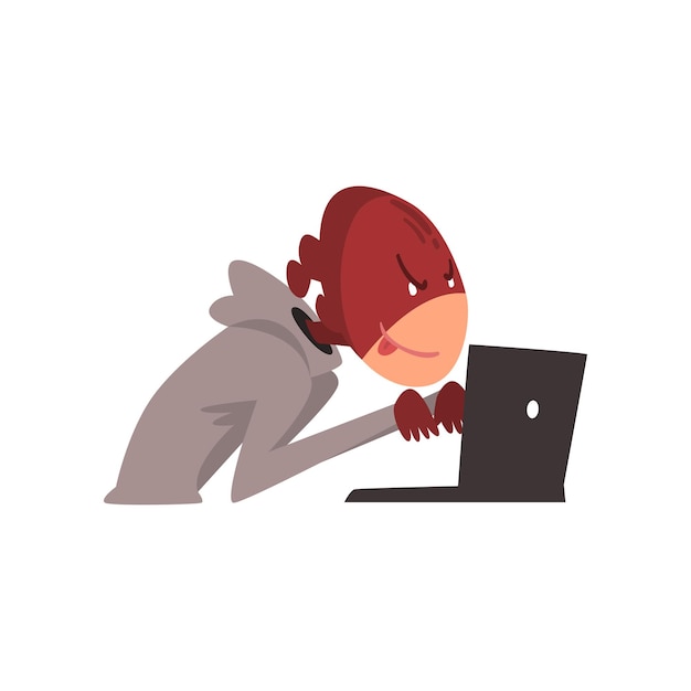 hacker in mask trying hack system using laptop internet crime computer security technology cartoon vector illustration on white background