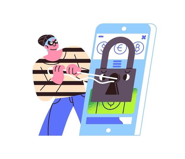 Hacker phishing password hacking lock of banking account Cyber thief steals digital money Financial crime in the Internet Scam online fraud concept Flat isolated vector illustration on white
