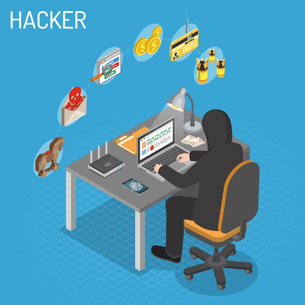 hacker sitting table and hacking data through internet on laptop. internet security isometric concept with flat icons hacker, virus and spam.