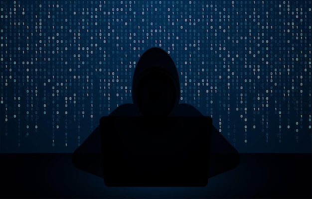 Hacker using laptop with binary code digital interface