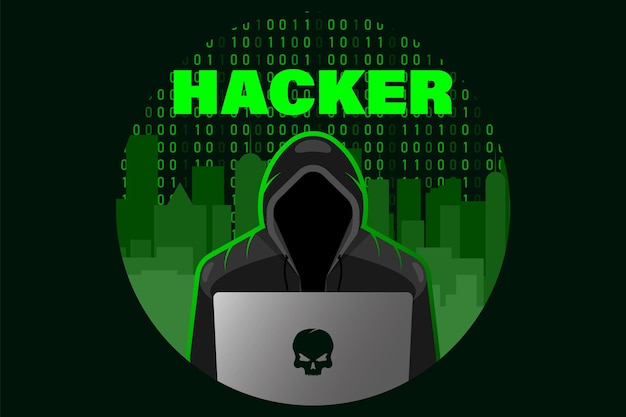 hacker with laptop vector computer stealing confidential data personal information credit card