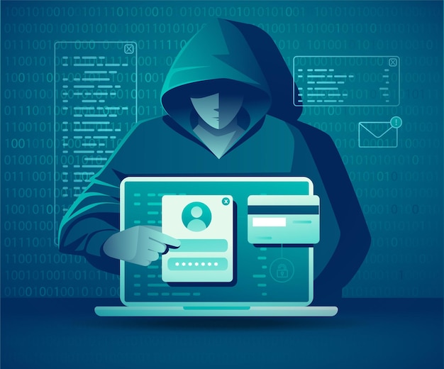 Hacking, phishing og illustration af tyveri af personlige data, vektorkoncept