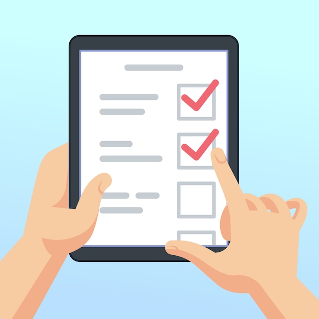 Hænder holder tablet med online undersøgelsesformular, spørgeskema. Mobil marketing feedback vektor koncept. Illustration af tjekliste og spørgeskemaliste, tablet med feedback