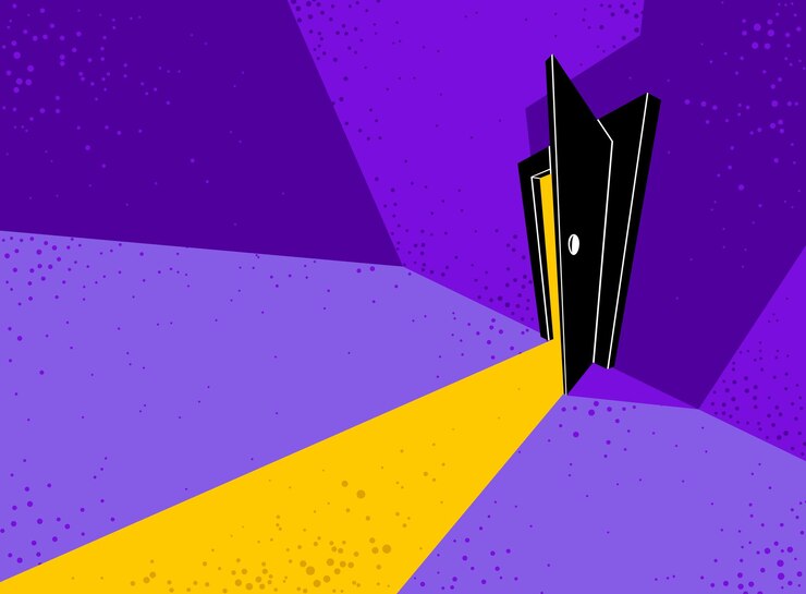 Vektör half open door from the dark room, fear of the unknown vector concept illustration, bedroom scary nightmare theme.
