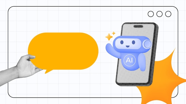 halftone collage AI chatbot on mobile enabling smart conversation and hand holding bubble chat