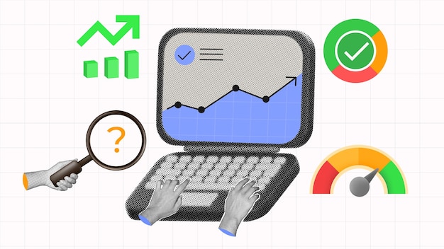 halftone collage Data analytics showing laptop with charts metrics performance indicators hand