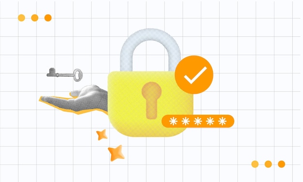 halftone collage trend trustworthy cyber security hand holding key yellow padlock and password