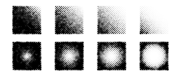 Halftone gradient square shapes set Dotted textured cubes collection Round and linear fading