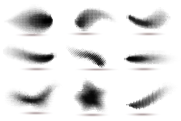 halftone shapes. curved dotted spots with halftone circle dot gradient texture. fluid flex wave effect pattern, graphic swirls dots vector set