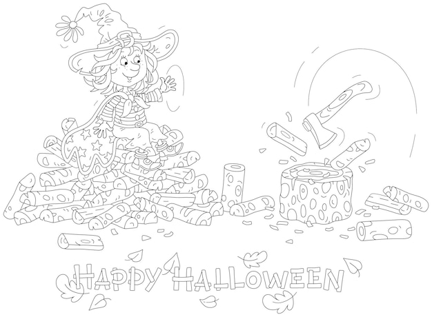Halloween card with a happy little witch chopping firewood with an enchanted flying ax
