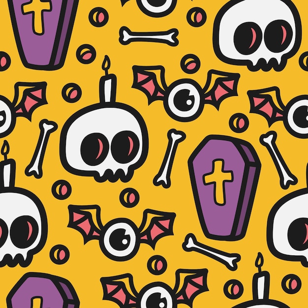 Halloween cartoon seamless pattern with skulls, bones and coffins