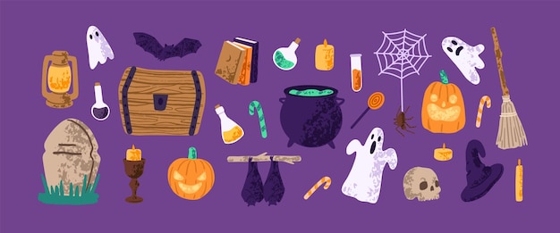 Halloween decoration set Scary holiday symbols spooky bats ghosts creepy pumpkins pointed hat cauldron web Helloween party design elements Flat isolated hand drawn vector illustrations