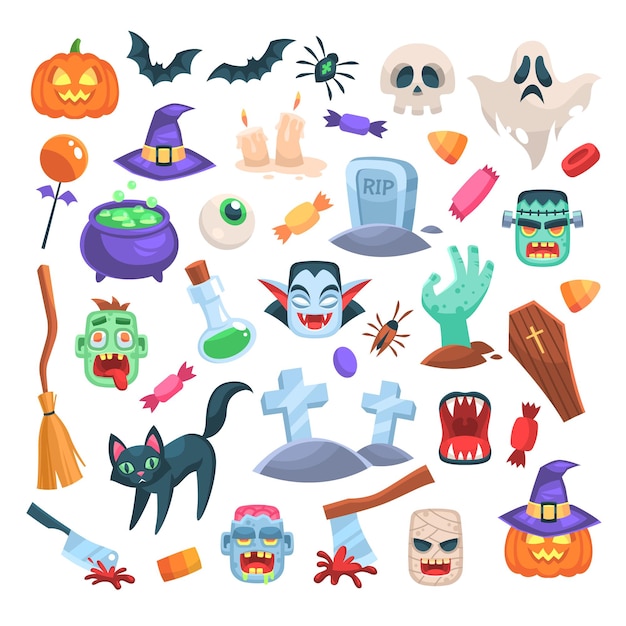 Halloween icons. Funny holiday candle, zombie, witch cauldron and broom, ax and spider, pumpkin in hat, spooky ghost, grave and bat, skull magic trick or treat party flat vector cartoon isolated set