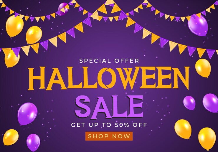 Vektör halloween sale poster with flags and garland on blue background. vector illustration