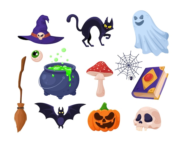 Halloween set Witch hat black cat ghost eye witchs broom cauldron with potion fly agari