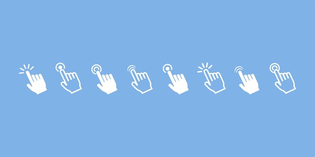 hand click vector icon set on blue background clicking finger icons touch here with finger