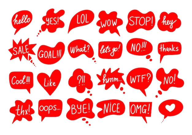 Hand draw bubble talk phrases set Speech bubbles with short phrases and words