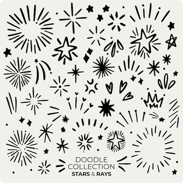 Hand drawing rays and stars doodle collection vector