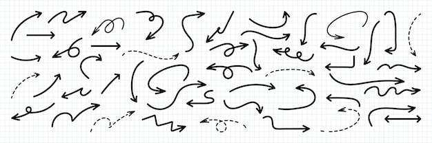 Hand Drawn Arrow set Set of simple lines hand drawn black arrows in various style