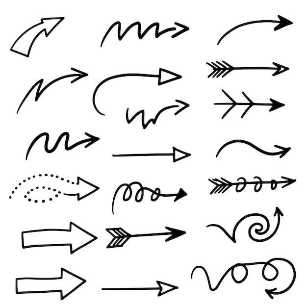 Hand drawn arrow set with curved straight dotted and swirled silhouettes for creative design use